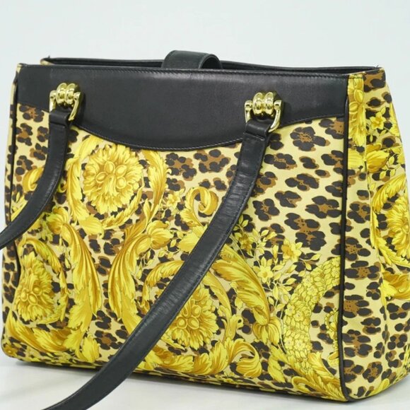 GIANNI VERSACE Leopard PVC Shoulder Tote Bag Yellow Black Gold - Picture 8 of 15